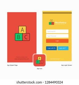 Company Alphabets blocks  Splash Screen and Login Page design with Logo template. Mobile Online Business Template