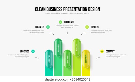 Company Analysis Slide Design Vector Illustration. Investor Performance 5 Option Diagram Slideshow Template. Service Report Five Step Infographic Frame Layout.