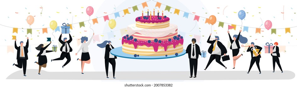 Company Anniversary Birthday Celebration Poster Design. Happy Employee, Office Worker And Businesspeople Having Fun Around Festive Sweet Cake On Corporate Event Vector Illustration