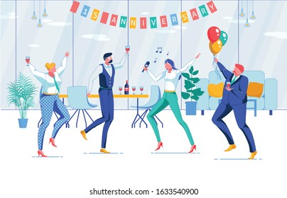 Company Anniversary Party Flat Vector Illustration. Dancing and Singing Office Workers, Managers Faceless Characters. Celebration, Corporate Party, Team Cohesion, Relaxation Together Concept