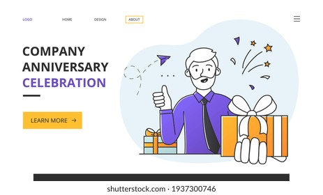 Company Anniversary Party website landing page or template with businessman holding a large gift box giving a thumbs up, colored vector illustration