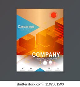 Company annual report 2019 with abstract geometric cube shape on colorful orange vector layout template