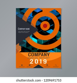Company annual report 2019 with abstract geometric shape and target circle dart board on orange and blue layout vector template