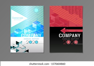 Company annual report 2020 with abstract geometric cube shape on colorful vivid color style vector layout template blue and red color theme