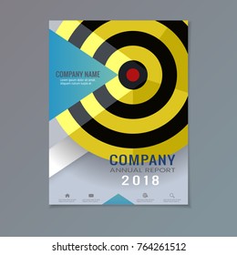 Company annual report with abstract triangular shape and target circle dart board on gray layout template