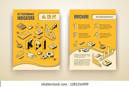 Company annual report, business strategy presentation, data analysis result with key performance indicators isometric vector brochure template with infographics elements line art illustration set