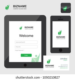 Company app design in tablet and smart phone with card with natu