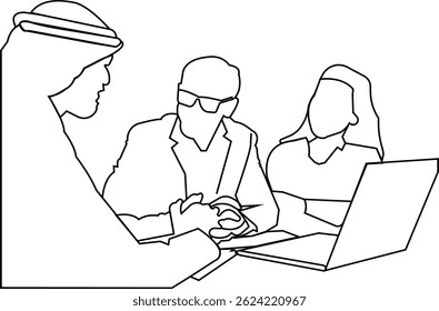 empresa, árabe, conceito, esboço, ilustração, elemento, branco, tecnologia, cooperação, uae, design, pessoa, catar, tradicional, saudita, dubai, sucesso, homem, vetor, encontrar, trabalho em equipe, gerente,