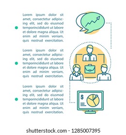 Company article page vector template. Board of directors. Joint stock company. Brochure, magazine, booklet design element with linear icons and text boxes. Investors. Concept with text space