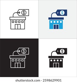 Company asset value icon. Asset price icon. Icon design compatible for building, warehouse, business resource, company property, finance, financial, wealth. Vector illustration.