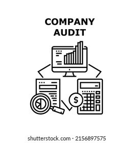 Company Audit Vector Icon Concept. Company Audit Accountant Business, Researching Annual Financial Report, Calculating Income And Expense On Calculator And Computer Black Illustration