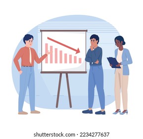 Company bankruptcy 2D vector isolated illustration. Crisis management team. Business meeting flat characters on cartoon background. Colorful editable scene for mobile, website, presentation