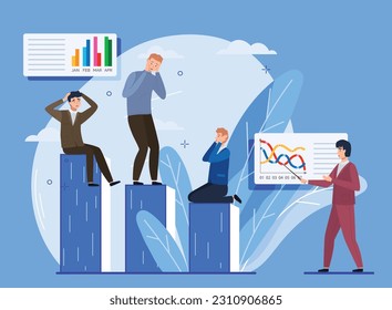 Company bankruptcy. Financial rescue, depressed businessmen. Economic financial crisis, sinking business, loan payback money problem, people and economy recession falling diagram, collapse in deal