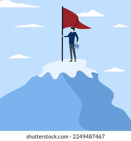 el concepto de ganadora del mejor desempeño de la empresa, Liderazgo para lograr objetivos de negocio, logro de carrera, ambicioso líder emprendedor con la bandera ganadora orgullosamente en la cima de la montaña.