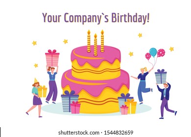 Company Birthday Celebration Flat Vector Illustration. Corporate Anniversary Celebration Concept. Cake With Candles, Gifts And Workers Cartoon Characters. Greeting Card Design Element