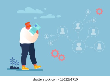 Company Boss, CEO Giving Tasks to Business Employees Delegating Responsibilities Look on Arrow Scheme. Leadership, Authority, Effective and Productive Management Cartoon Flat Vector Illustration