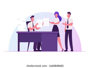 Company Boss Sitting at Office Desk Giving Tasks to Business Employees Delegating Responsibilities. Leadership, Authority, Effective and Productive Management Concept. Cartoon Flat Vector Illustration