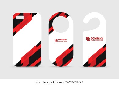 Company brand identity template collection with red and dark colors shapes. Brand identity template design on a phone case and door hangers. Business stationery set vector for company advertisement.