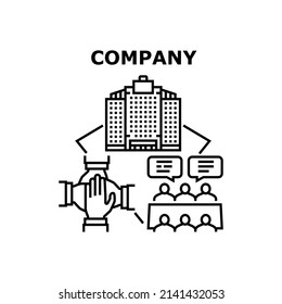 Company Brand Vector Icon Concept. Company Brand And Development, Business Meeting For Developing Strategy And Marketing, Teamwork And Manager Employee Work. Trademark Presentation Black Illustration