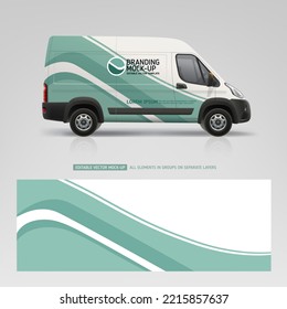 Company branding Car mockup and sticker wrap design. Delivery Van mockup. Branding vehicle graphics. Abstract graphics corporate identity background dsgn for company car. Easy editable vector template
