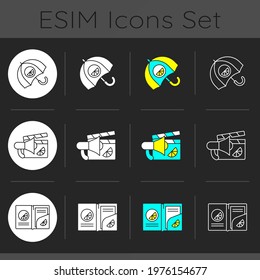 Company branding materials dark theme icons set. Advertising company or business with use of branded cards. Linear white, solid glyph and RGB color styles. Isolated vector illustrations