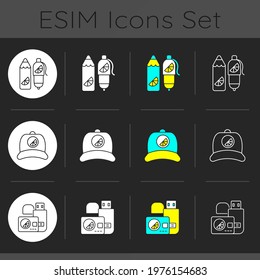 Company branding materials dark theme icons set. Creating clothes and accessories to look fashionable. Beautiful items. Linear white, solid glyph and RGB color styles. Isolated vector illustrations