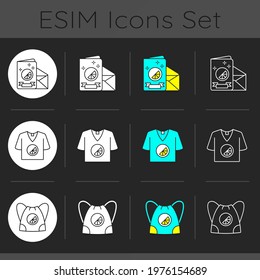 Company branding materials dark theme icons set. Uniquely created house decor. Fashionable clothes and accessories. Linear white, solid glyph and RGB color styles. Isolated vector illustrations