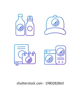 Company branding materials gradient linear vector icons set. Uniquely created items for storing waters for tourists. Thin line contour symbols bundle. Isolated vector outline illustrations collection