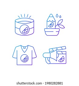 Company branding materials gradient linear vector icons set. Branded eco office equipment. Thin line contour symbols bundle. Isolated vector outline illustrations collection