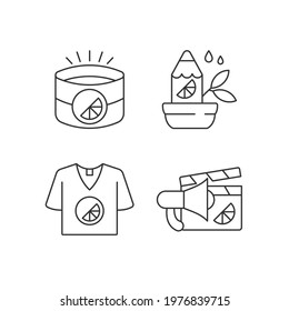 Company branding materials linear icons set. Branded office equipment. Designed stylish clothes. Customizable thin line contour symbols. Isolated vector outline illustrations. Editable stroke