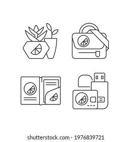 Company branding materials linear icons set. Branded smart devices for storing information. Customizable thin line contour symbols. Isolated vector outline illustrations. Editable stroke