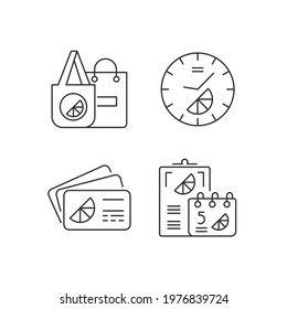 Company branding materials linear icons set. Advertising company or business with use of branded cards. Customizable thin line contour symbols. Isolated vector outline illustrations. Editable stroke