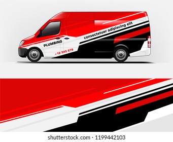 Company branding van decal wrap design vector. Graphic livery background kit designs company van