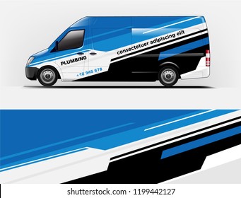 Company branding van decal wrap design vector. Graphic livery background kit designs company van