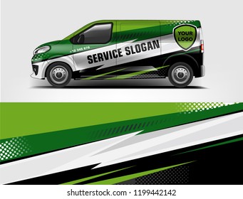 Company branding van decal wrap design vector. Graphic livery background kit designs company van