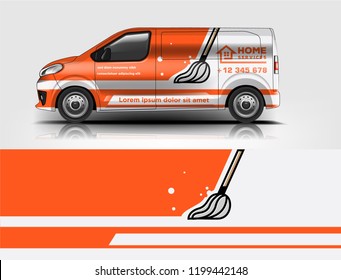 Company branding van decal wrap design vector. Graphic livery background kit designs company van