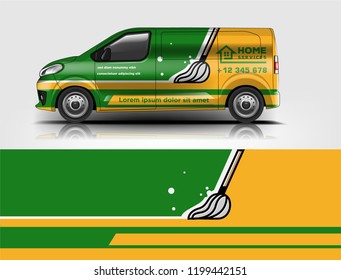 Company branding van decal wrap design vector. Graphic livery background kit designs company van
