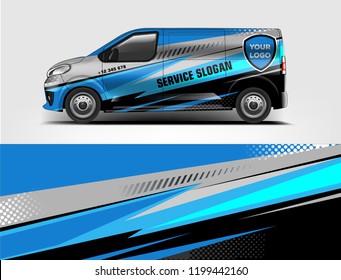 Company branding van decal wrap design vector. Graphic livery background kit designs company van
