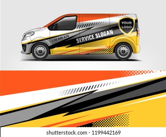 Company branding van decal wrap design vector. Graphic livery background kit designs company van