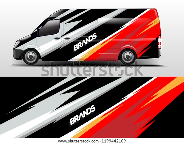Company branding van decal wrap
design vector. Graphic livery background kit designs company
van