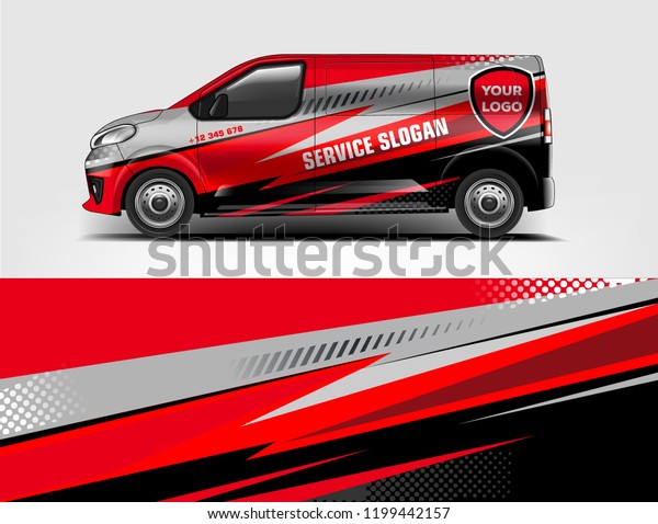 Company branding van decal wrap\
design vector. Graphic livery background kit designs company\
van