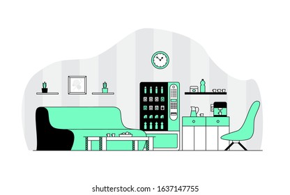 Company break room. The interior of the lounge. Sofa, armchair and vending machine. Flat line vector illustration.
