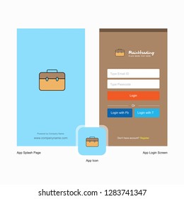 Company Breifcase Splash Screen and Login Page design with Logo template. Mobile Online Business Template