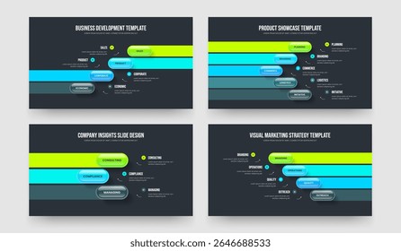 Company Briefing 4 5 3 4 Element Infographic Presentation Template Collection. Product Insight Four Five Three Four Option Diagram Frame Layout Vector Illustration Bundle.