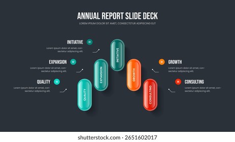 Company Briefing Five Step Diagram Presentation Design. Service Growth Frame Layout Vector Illustration. Corporate Visualization 5 Element Infographic Slide Template.