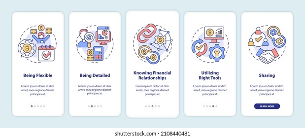 Company budget onboarding mobile app screen. Corporate financial project walkthrough 5 steps graphic instructions pages with linear concepts. UI, UX, GUI template. Myriad Pro-Bold, Regular fonts used