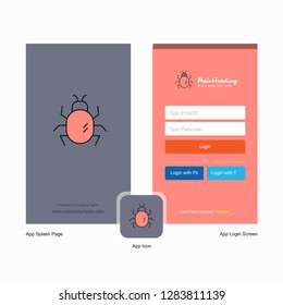 Company Bug  Splash Screen and Login Page design with Logo template. Mobile Online Business Template