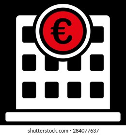 Company building from BiColor Euro Banking Icon Set. Vector style: flat bicolor, red and white symbol, rounded angles, black background.