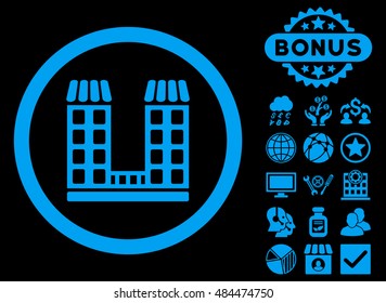 Company Building icon with bonus elements. Vector illustration style is flat iconic symbols, blue color, black background.