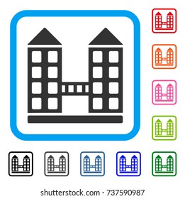 Company Building icon. Flat gray pictogram symbol inside a light blue rounded rectangle. Black, gray, green, blue, red, orange color additional versions of Company Building vector.